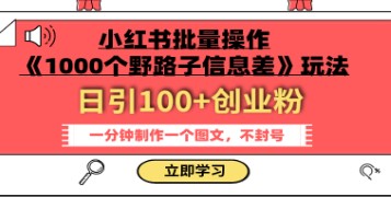 小红书批量操作《1000个野路子信息差》玩法，每日引流100+创业粉丝，一分钟发布一个图文实现爆款！-天天学吧