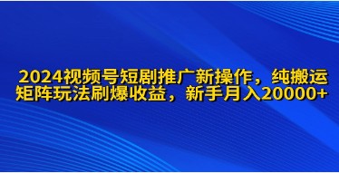 2024视频号短剧推广新策略：纯搬运+矩阵连爆打法，小白也能月入20000！-天天学吧