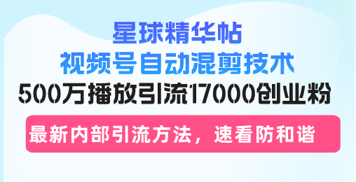 星球精华帖视频号自动混剪技术，500万播放引流17000创业粉，最新内部引…-天天学吧