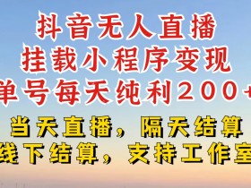 抖音无人直播挂载小程序，零粉号一天变现二百多，不违规也不封号，一场挂十个小时起步【揭秘】-天天学吧